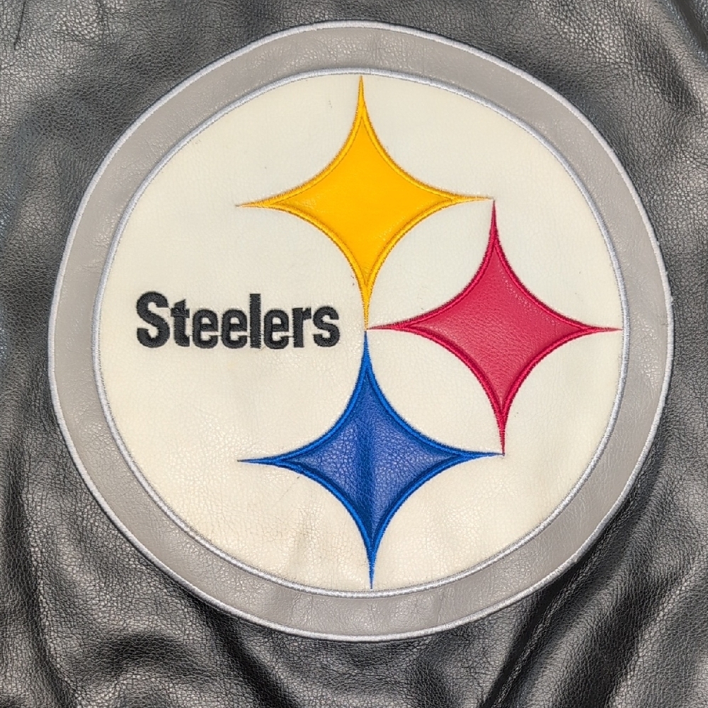 Vintage Pittsburgh Steelers NFL Jacket Faux Leather Varsity Bomber Black Yellow - Picture 9 of 9